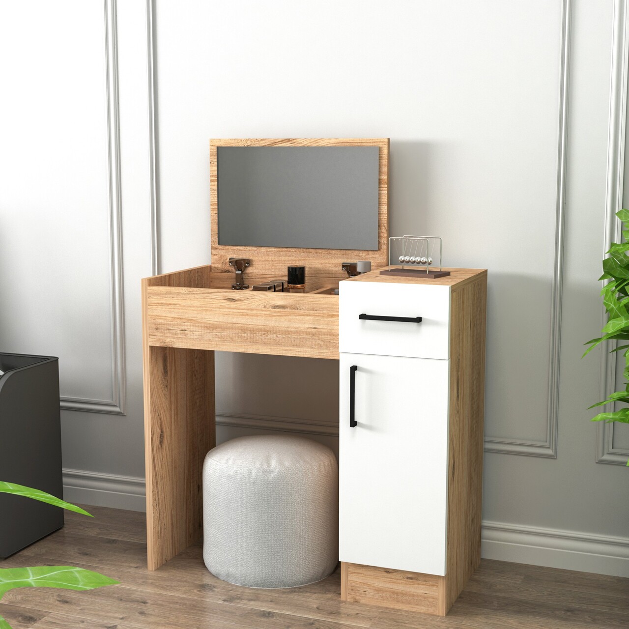 Masa de machiaj, Hanah Home, Inci, 77x108.8x37.3 cm, Pin Atlantic / Alb - imagine 7